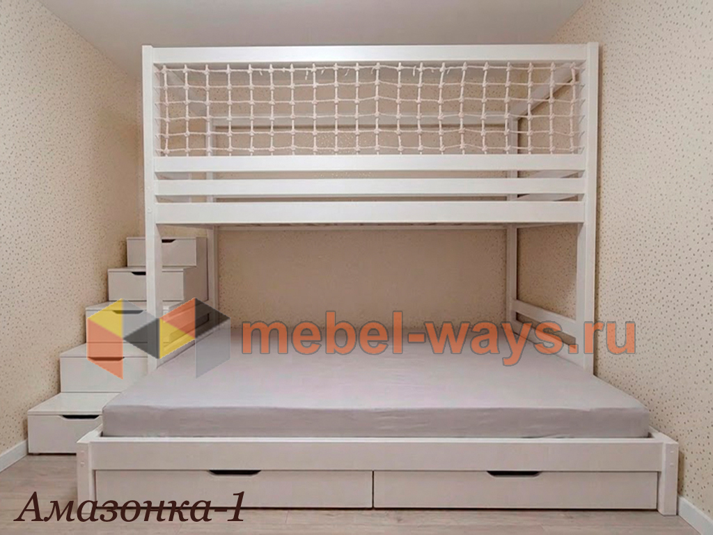 Двухъярусная кровать из массива с сеткой до потолка «Амазонка-1»