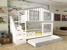 Двухъярусная кровать-домик для трех детей с выкатным местом «Kids-12»