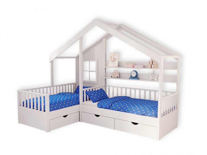 Детская одноярусная угловая кровать домик для 2 детей «Kids-28»