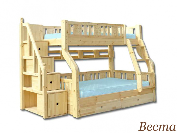 Детская двухуровневая кровать с полкой и лестницей-комодом «Веста»