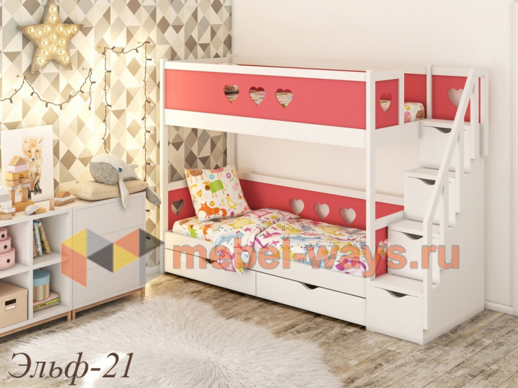 Детская двухъярусная кровать для двух девочек с лестницей комодом «Эльф-21»