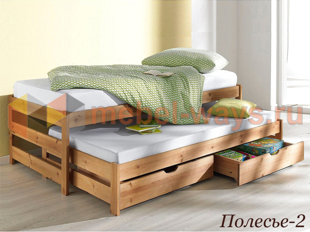 Двухместная кровать с выдвижным спальным местом и ящиками Полесье-2