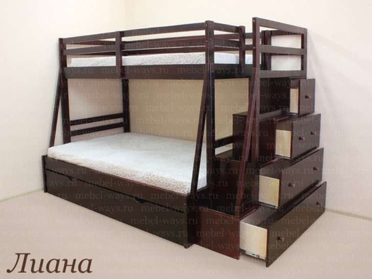 Двухъярусная кровать с лестницей комодом из массива «Лиана»